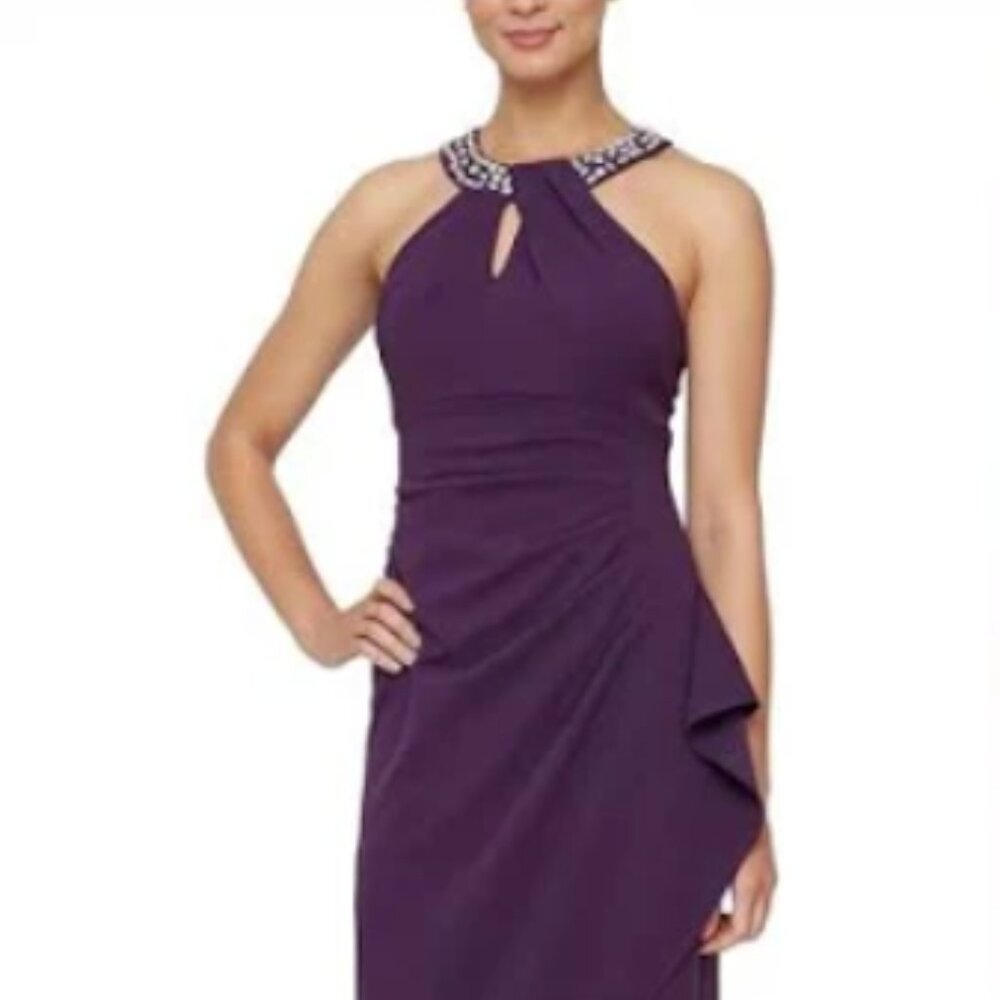 Size 16 SL New York Elegant Purple Halter Dress with Embellished Neckline